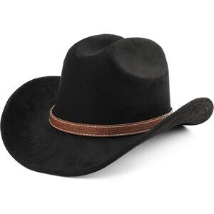 Unisex Black Western Faux Stitched Leather Band Classic Fedora Cowboy Felt Hat